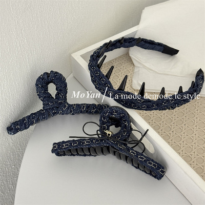 韩系牛仔蝴蝶结链条抓夹女带齿发箍高级感发抓后脑勺鲨鱼夹子头箍