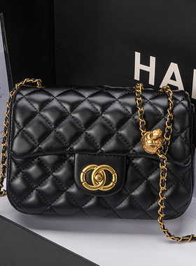 轻奢新款潮DIY手工小金球菱格链条包肩斜挎方胖子锁扣小方包女包