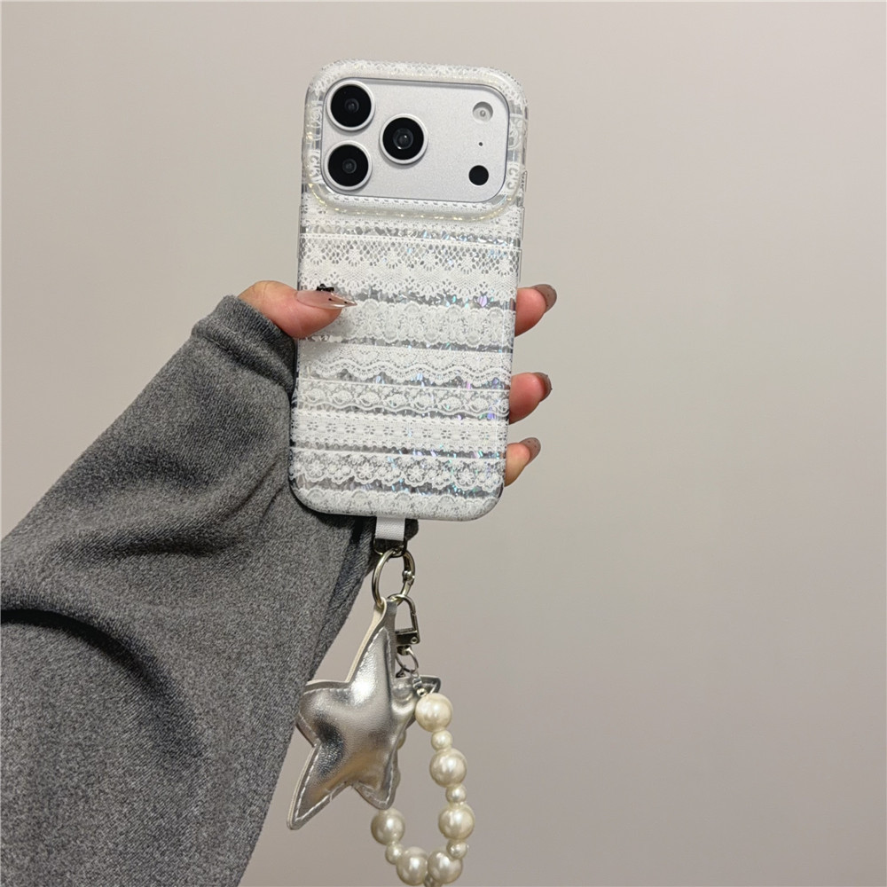 韩系风白色蕾丝适用iPhone17pro手机壳16PM个性15pro防摔带手链女