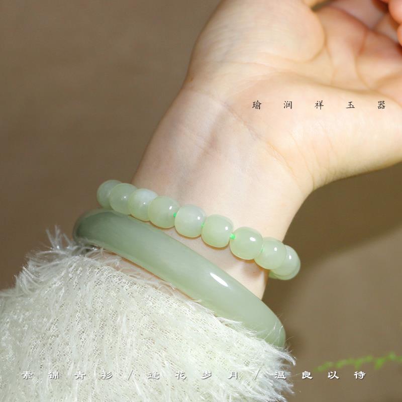 新疆晴水色和田玉手串女DIY老形青白玉珠子春茶色手链