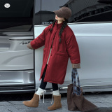 女童2025冬季新款袖口拼接格子棉服女大童中长款防风御寒保暖外套，童装棉衣，祺儿童装