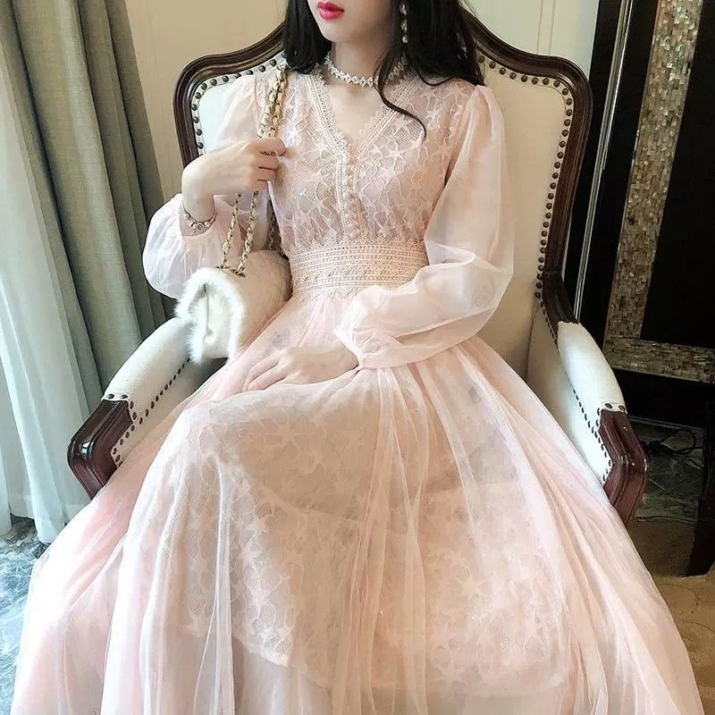 网纱连衣裙女2025秋季新款韩版超仙仙女裙收腰显瘦打底长裙