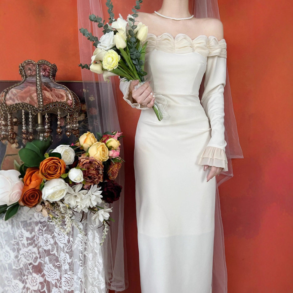 法式复古晚礼服赫本风一字肩旅拍轻婚纱露肩长袖订婚领证登记礼服
