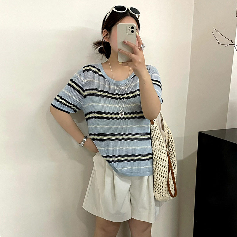 23926大码女装圆领撞色条纹衫女薄款镂空针织衫2026夏胖mm短袖t恤