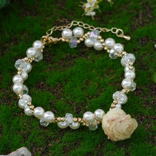 手工原创天然玫瑰真花手链滴胶白玫瑰珍珠手串可爱自然风清新手饰