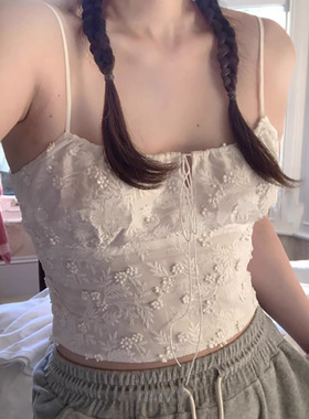 mabling现H25夏款韩国东大门蕾丝白色小花刺绣修身系带吊带背心女