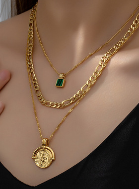 铜镀18K真金三层叠戴嵌绿松石人像吊坠古巴链度假风奢华锁骨链