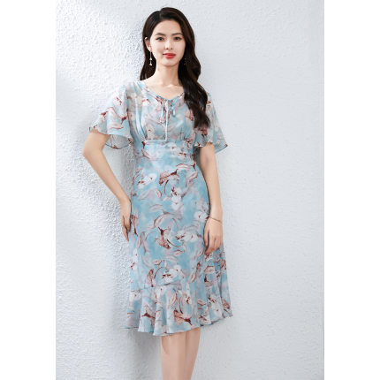AURENTHIA |【高端设计】桑蚕丝连衣裙飘逸夏中长款收腰真丝裙子