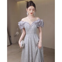 一字肩晚礼服女洋气仙气宴会主持人长裙修身成人礼连衣裙2025新款