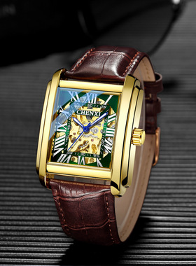 CHENXI抖音直播爆款方形镂空机械手表 士真皮防水全自动机械表