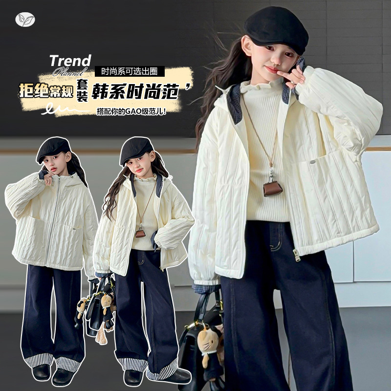 女童加厚外套2025秋冬新款中大童夹棉格子拼接棉服短款假两件棉袄，童装棉衣，祺儿童装