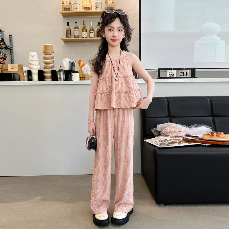 女童娃娃衫套装夏款2025网红洋气女孩雪纺薄款上衣阔腿裤两件套潮，童装休闲套装，祺妙童装