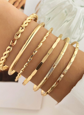 ins欧美跨境手饰 菱形麻花光面手镯6件套 不规则朋克手镯套装