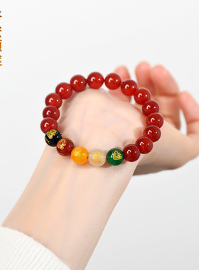 天然红玛瑙五路财神手链新国潮热销本命年女款红色爆款玛瑙手串