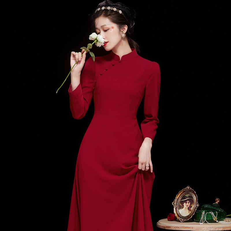 晓曼精品女装红色长款气质改良旗袍连衣裙女敬酒服年会宴会礼服