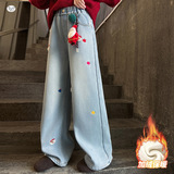 女童牛仔裤加绒2025年秋冬新款卡通圣诞刺绣阔腿裤中大童直筒长裤，童装裤子，祺儿童装