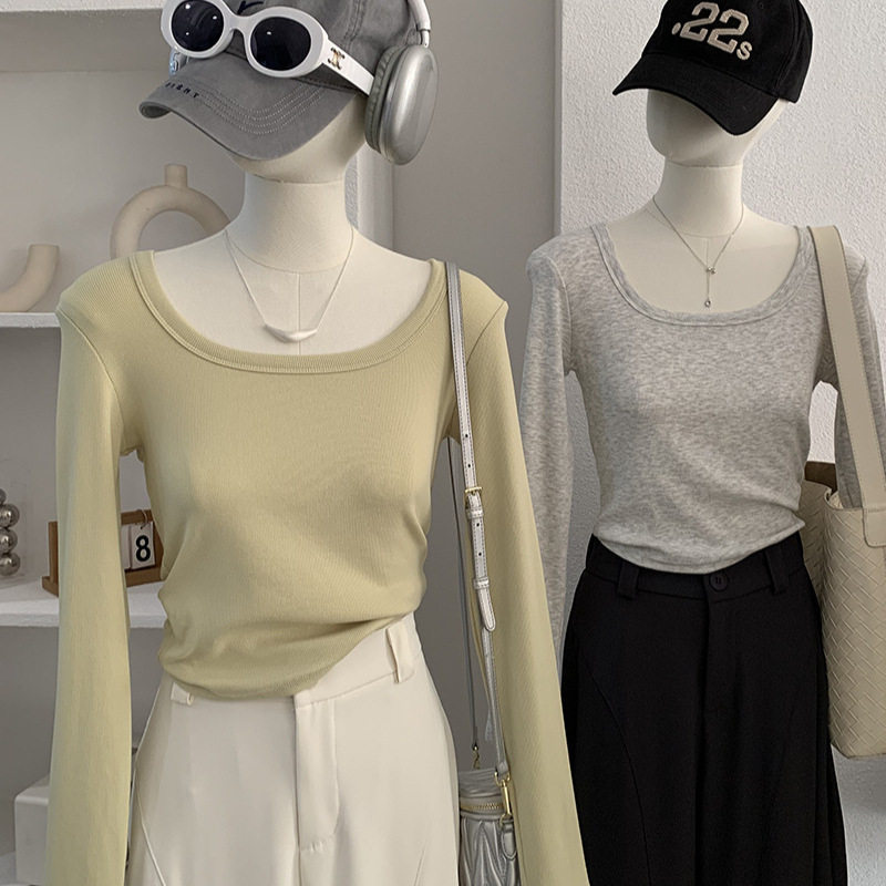 欧玛莱 方领露锁骨纯色螺纹棉修身显瘦长袖短款T恤上衣女6210,女装/女士精品,T恤,淘宝优惠券,粉丝福利购,淘宝优惠卷