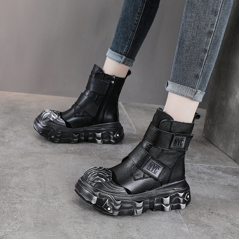 头层牛皮厚底马丁靴女秋季新款真皮松糕跟带扣机车单靴增高短靴子