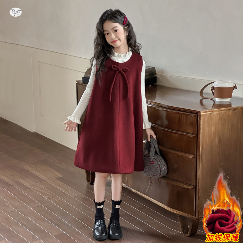 女童2025年春秋新款蝴蝶结连衣裙米色木耳边打底毛衣套装女孩洋气，童装休闲套装，祺儿童装