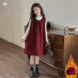 女童2025年春秋新款蝴蝶结连衣裙米色木耳边打底毛衣套装女孩洋气，童装休闲套装，祺儿童装