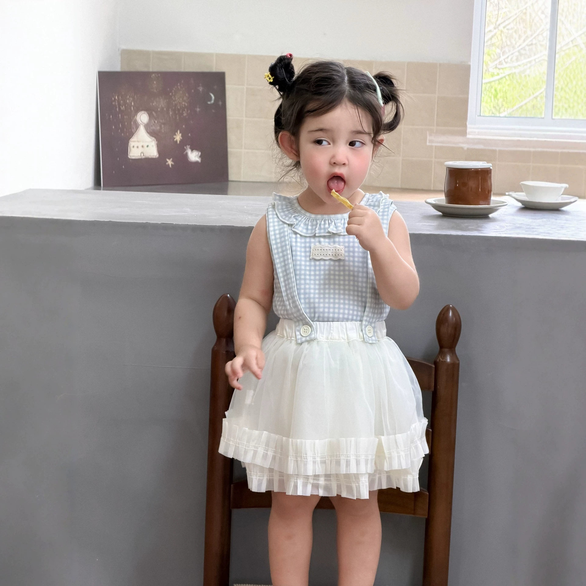 儿童两件套夏季2026新款韩版童装衣服夏款女童格子背带裙套装