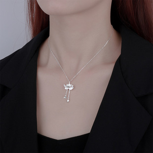項鏈女纯银两世欢荷花吊坠新中式流苏锁骨链生日礼物女饰品项链
