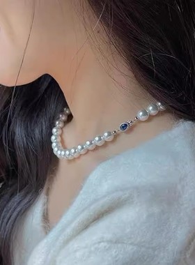 天然澳母贝珍珠项链925银蓝扣强光品质贝珠澳白项链送礼盒包装