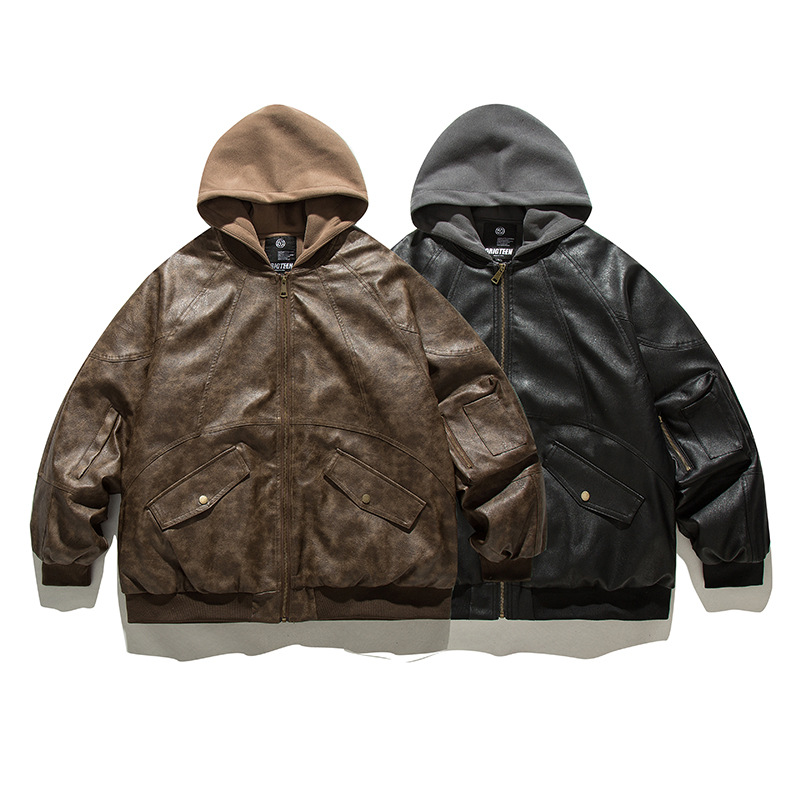 美式工装白鸭绒2025冬日系假两件PU皮衣复古短款连帽羽绒夹克外套