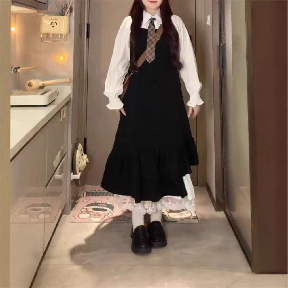 大码女装学院风假两件秋季法式白色衬衫胖MM显瘦赫本风连衣裙