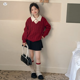 女童撞色翻领毛衣加厚2025年秋冬新款中大童学院风针织衫长袖上衣，童装毛衣，祺儿童装