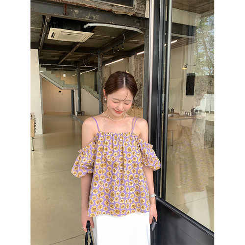 2026泡泡袖碎花衬衫女2025夏一字肩短款吊带小衫142CH399休闲百搭