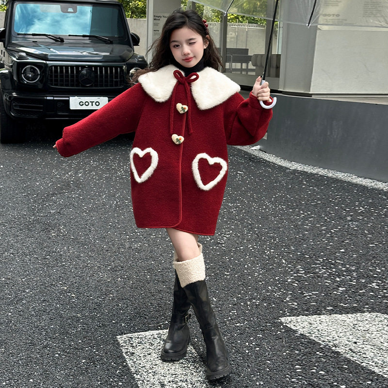 女童加绒外套秋冬款儿童冬季加厚红色毛呢子大衣女孩新年拜年衣服