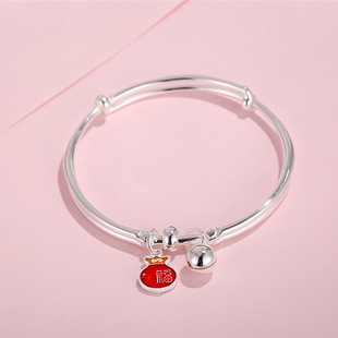 新款民族风足银珐琅上色推拉手镯时尚红色福袋铃铛点缀纯银手环