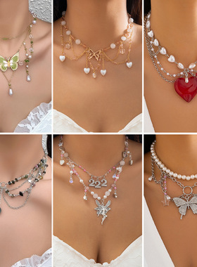 欧美跨境饰品串珠小众设计感甜酷y2k蝴蝶choker千玺风多巴胺项链