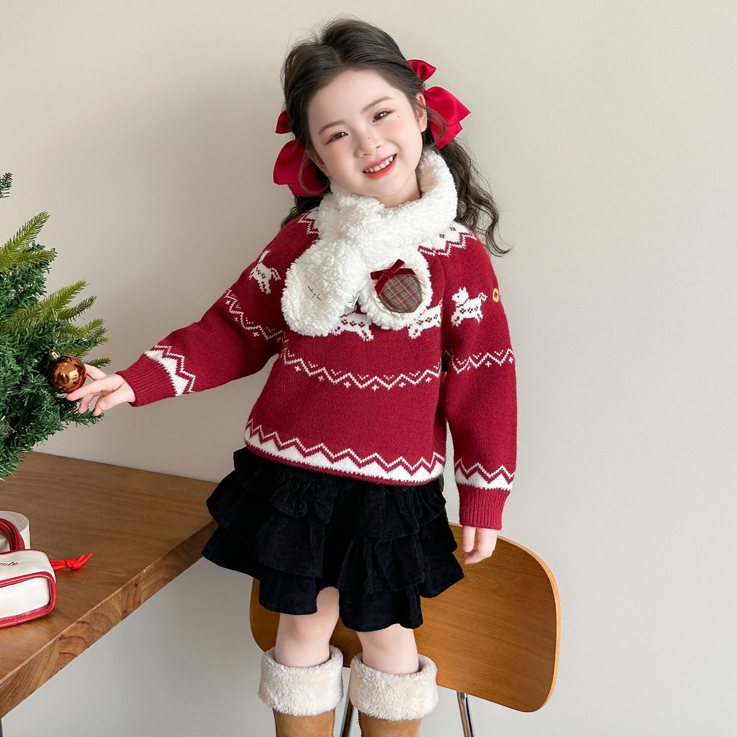 女小童加厚毛衣秋冬季洋气女保暖针织衫冬装儿童红色过年上衣P74，童装毛衣，祺妙童装
