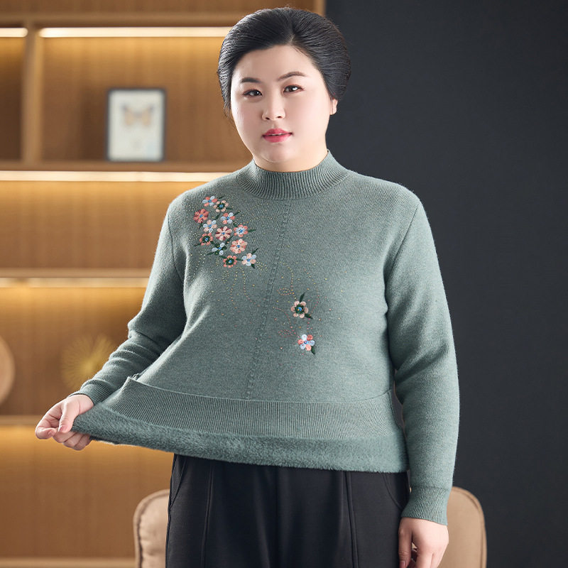 加肥加大码女装中老年人加绒针织打底衫毛衣 200斤胖妈妈装秋冬装