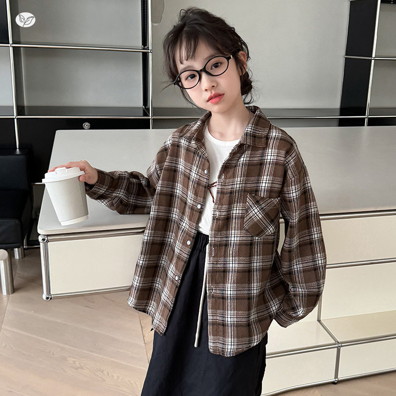 女童格子衬衫春秋款2025新款polo领长袖外套中大童百搭开衫儿童潮，童装衬衫，祺儿童装
