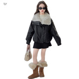 女童2025年冬季新款大毛领加绒外套女孩拉链立领御寒皮夹克PU皮衣，童装夹克，祺儿童装