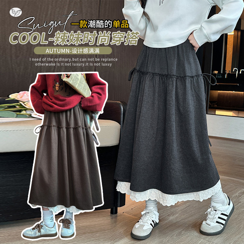 女童半身裙2025年秋冬新款中大童百搭蕾丝花边拼接A字裙长裙春秋，童装半身裙，祺儿童装