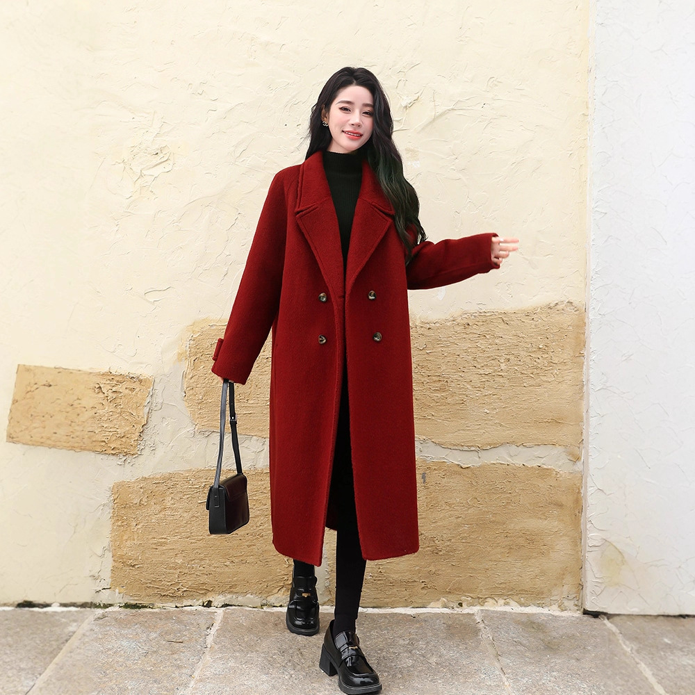 胖MM中长款过膝红色呢子外套