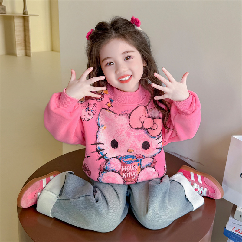女童卡通印花加绒卫衣秋冬季2025新款儿童韩版休闲保暖冬装打底衫，童装卫衣/绒衫，祺妙童装