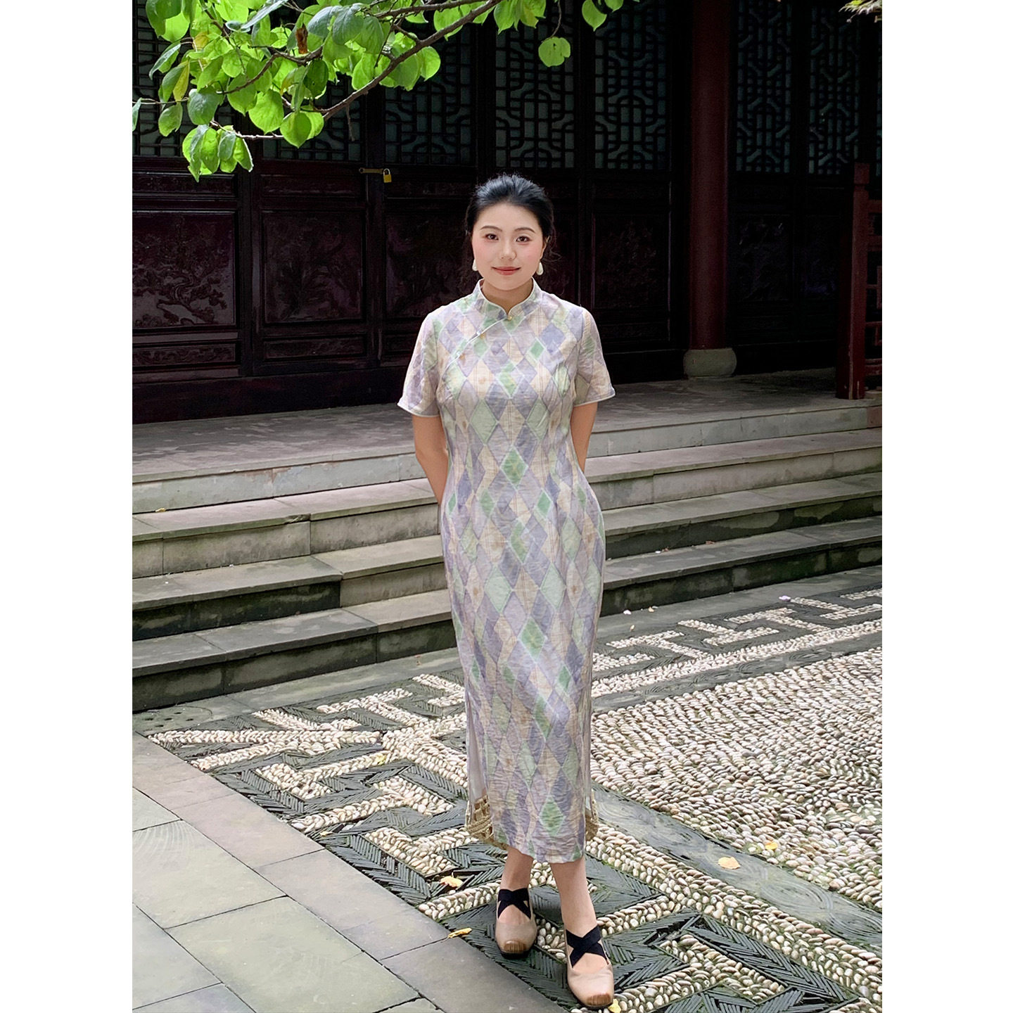 气质新中式国风海派菱格连衣裙2026女夏季新款收腰显瘦大码旗袍潮