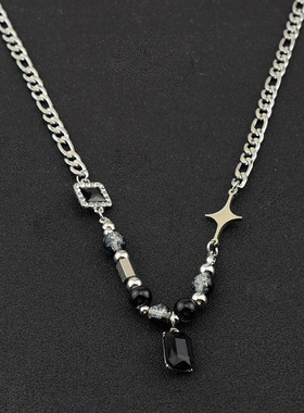 简约创意小众轻奢黑石几何项链女同款复古个性时尚星芒锁骨链