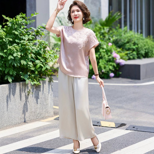 母亲节时尚妈妈夏装套装中老年女上衣短袖雪纺小衫端庄大气两件套