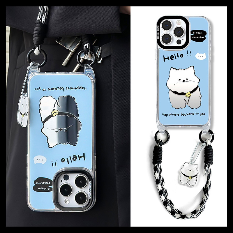 手提短绳小狗苹果卡通镜面补妆