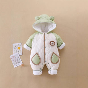 婴儿连体衣夹棉加厚秋冬季棉衣萌娃爬服新生儿外出服冬装连帽