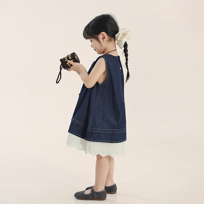 儿童童装女童连衣裙夏季新款儿童韩版牛仔裙中小童撞色花边A字裙