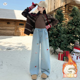 女童加绒牛仔裤2025年秋冬新款休闲卡通刺绣阔腿裤中大童修身长裤，童装裤子，祺儿童装