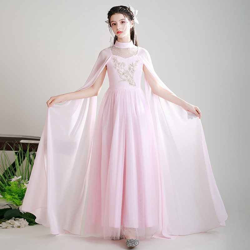 古筝服装儿童粉色生日演出中国风复古连衣裙女童走秀汉服冬季