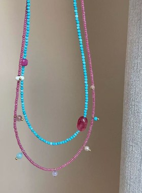 新中式叠戴民族绿松石紫色天然石叠戴项链韩系百搭显白锁骨链